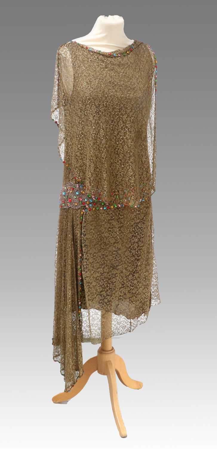 Circa 1920s Gold Lace Mounted Sleeveless Drop Waist Dress, with multi-coloured jewelled waistband,