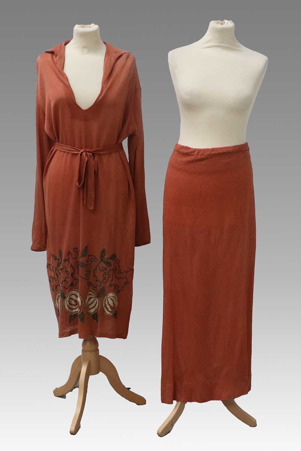 Circa 1920s Floral Chiffon Evening Dress with scooped neck and black chiffon collar and matching