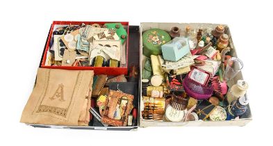 Assorted Toiletries and Haberdashery comprising pottery and glass jars and stoppers, hair