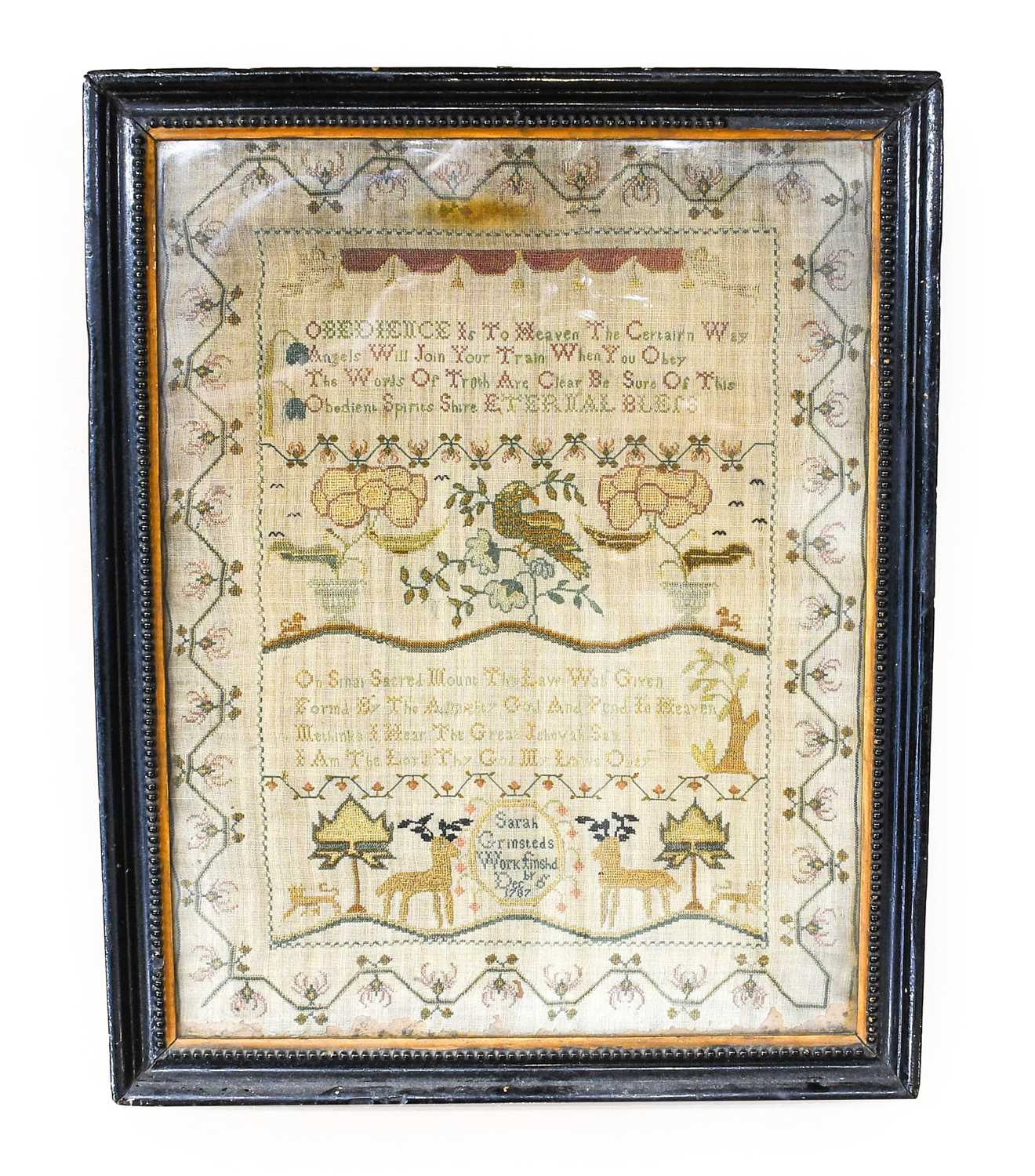 A Pictorial Sampler with Religious Verses Worked by Sarah Grinstead, Finished December 6 1787,