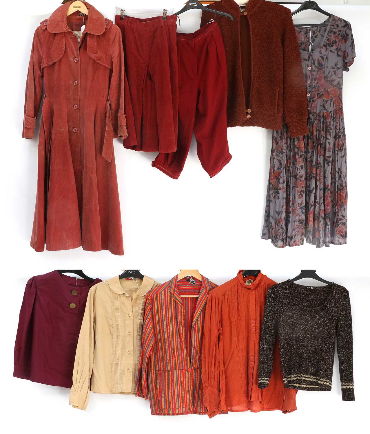 Circa 1970s Ladies Costume, comprising 4Seasons rust coloured corduroy shirt dress with collar,