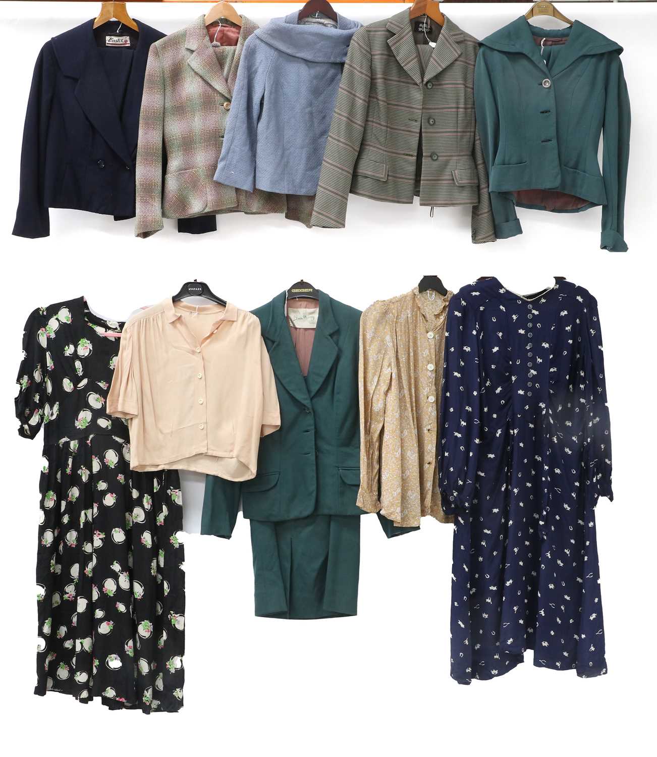 Circa 1940-50s Ladies Suits and Daywear, comprising a Hebe Sports green and pink striped suit with a