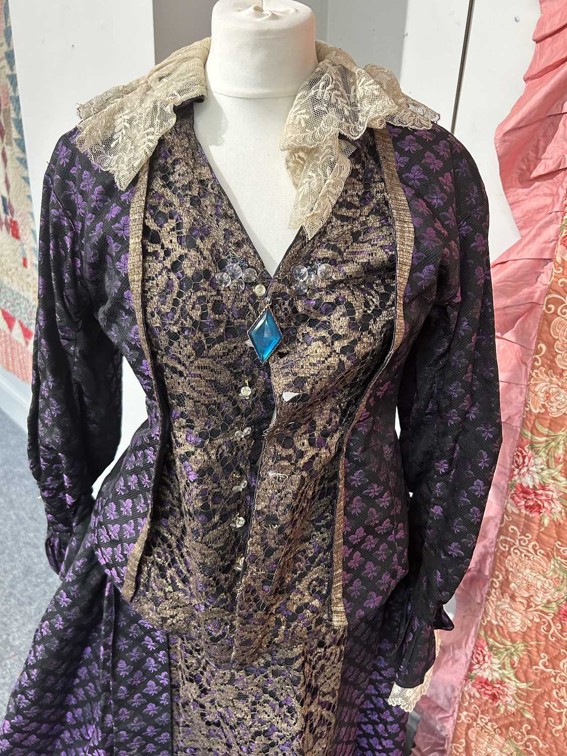 19th Century Purple and Black Silk Brocade Two Piece, comprising a fitted long sleeve jacket woven - Image 13 of 19
