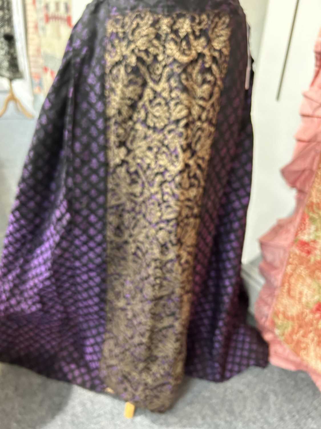 19th Century Purple and Black Silk Brocade Two Piece, comprising a fitted long sleeve jacket woven - Image 10 of 19