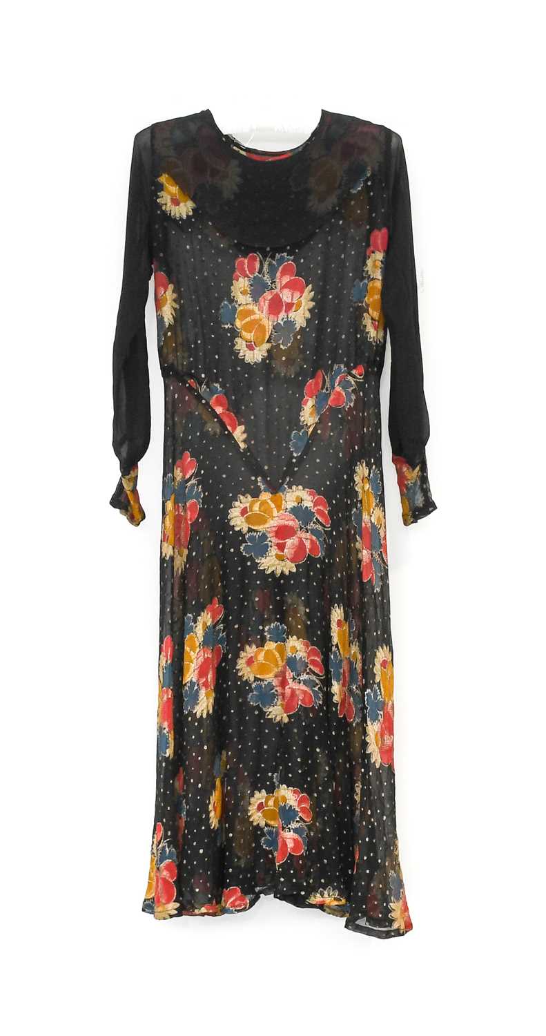 Circa 1920s Floral Chiffon Evening Dress with scooped neck and black chiffon collar and matching - Image 3 of 3