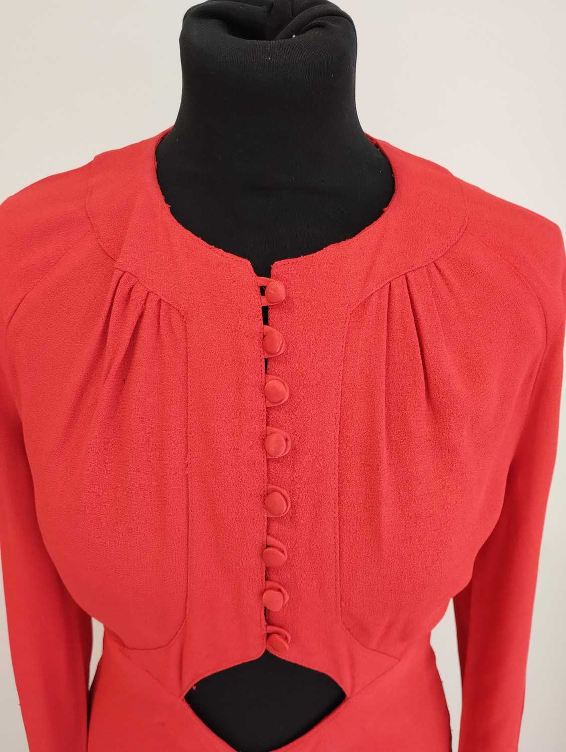 Ossie Clark Red Moss Crepe Long Dress with long sleeves, covered buttons with loop fastenings to the - Image 5 of 20