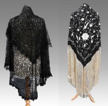 Early 20th Century Chinese Black Silk Shawl with cream silk floral embroidery, 115cm square
