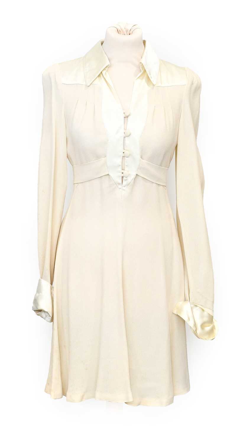 Ossie Clark for Radley Cream Moss Crepe Mini Dress, with long sleeves, mounted with cream satin type