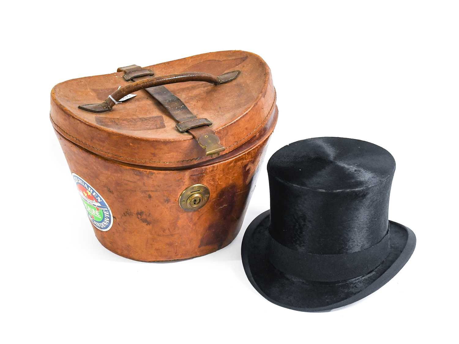 Black Silk Top Hat in Fitted Leather Hat Case with lime green cotton lining 20.5cm by 16.5cm,