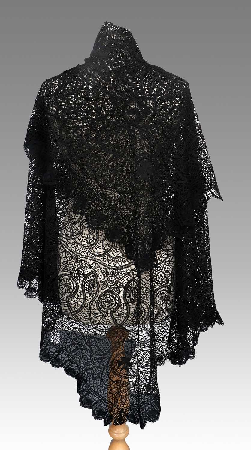 Early 20th Century Chinese Black Silk Shawl with cream silk floral embroidery, 115cm square - Image 3 of 14