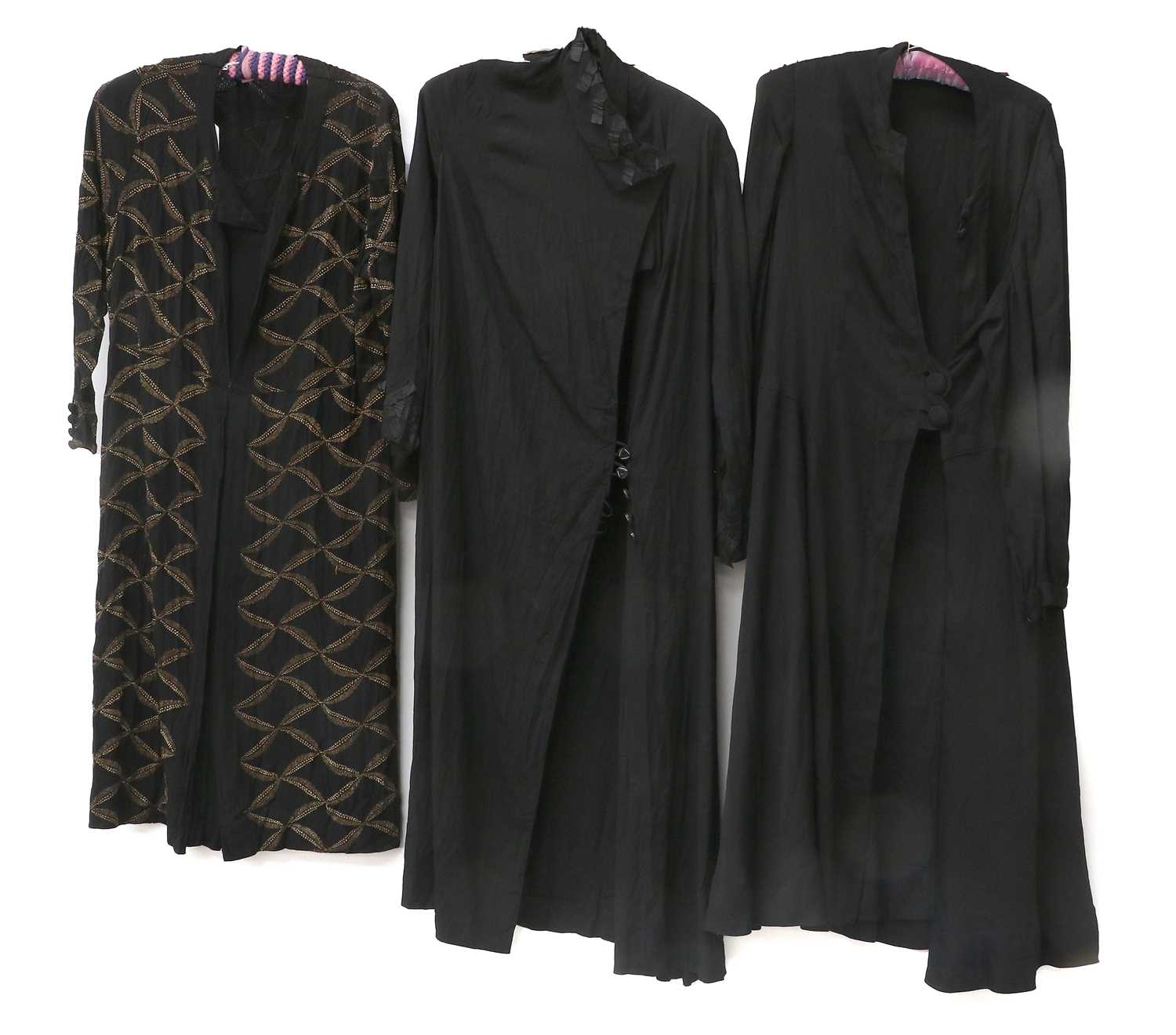 Circa 1930s Black Crepe and Silk Dresses and Coats, comprising two full length black silk long - Image 3 of 27