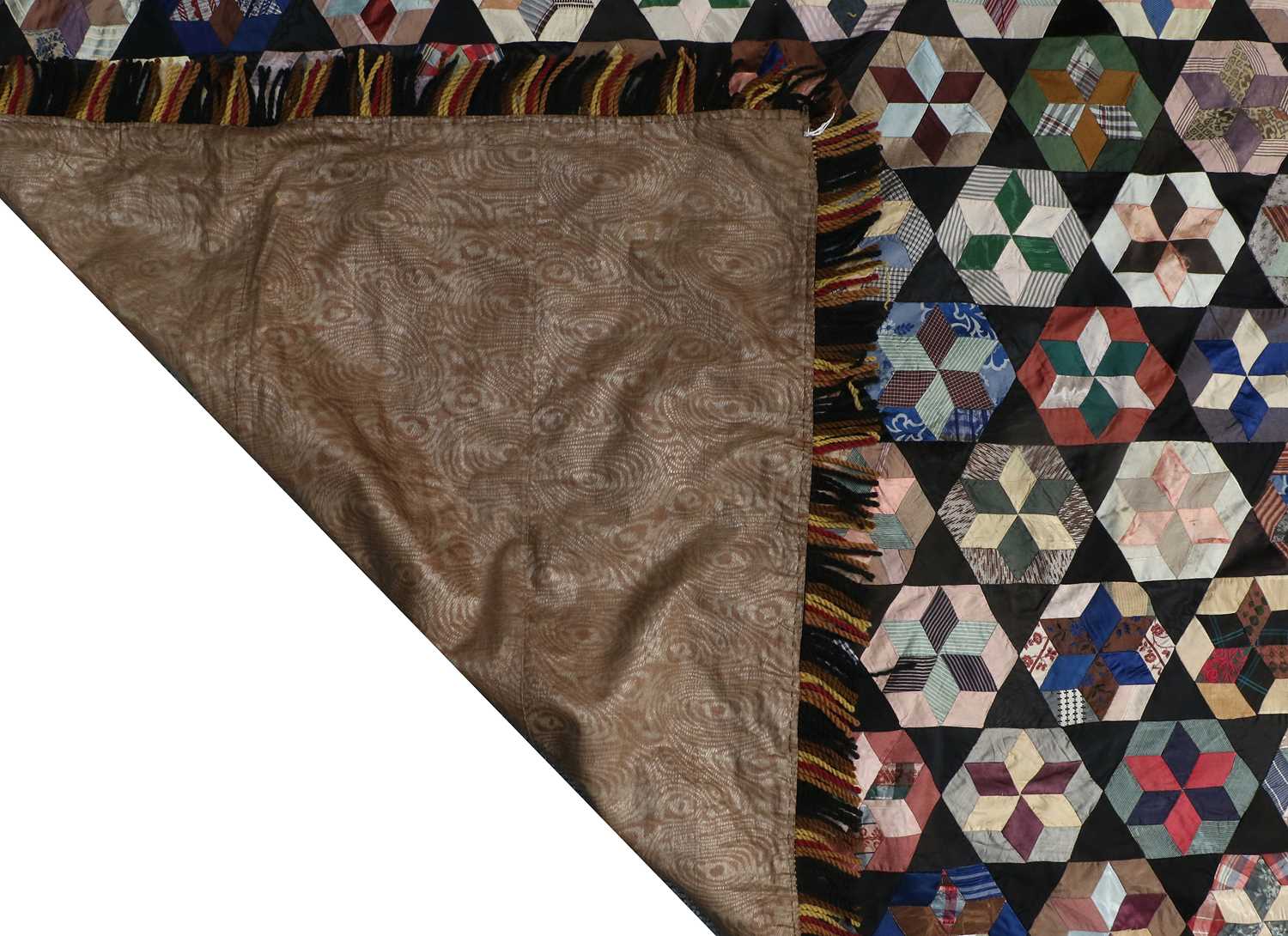 Mid 19th Century Decorative Silk Patchwork Bed Cover, incorporating black and coloured silks in ' - Image 2 of 2