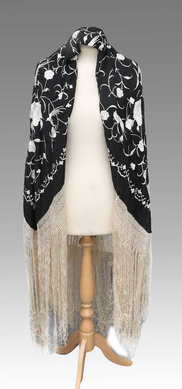 Early 20th Century Chinese Black Silk Shawl with cream silk floral embroidery, 115cm square - Image 2 of 14