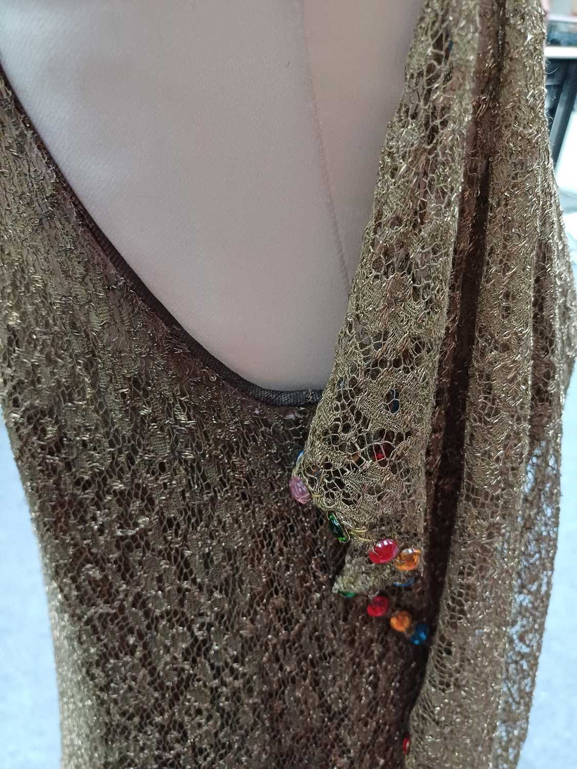 Circa 1920s Gold Lace Mounted Sleeveless Drop Waist Dress, with multi-coloured jewelled waistband, - Image 7 of 10