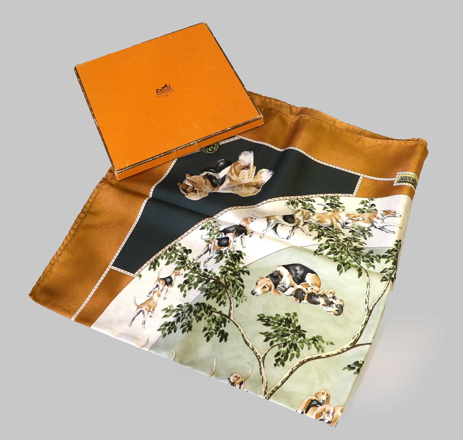 Hermes Silk Scarf Le Poitevin Designed by Hubert de Watrigant, depicting hounds running and standing