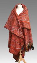 19th Century Red Ground Kashmir Woven Paisley Shawl, 165cm by 340cm Two small holes each approx 50/