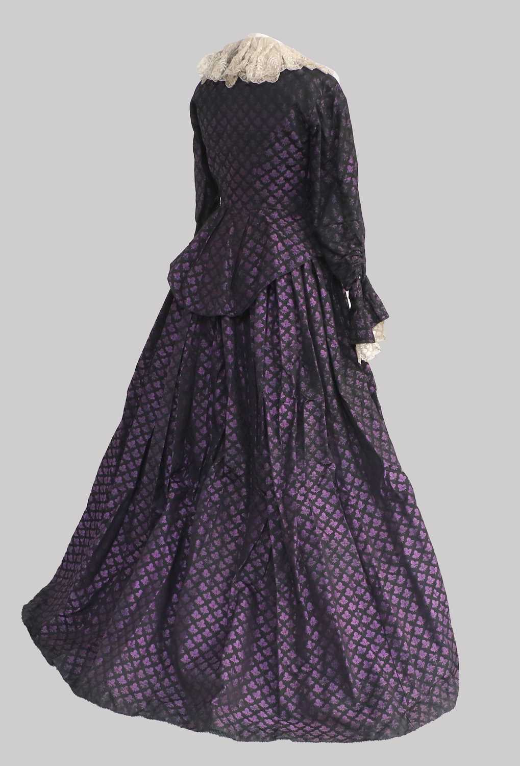 19th Century Purple and Black Silk Brocade Two Piece, comprising a fitted long sleeve jacket woven - Image 3 of 19