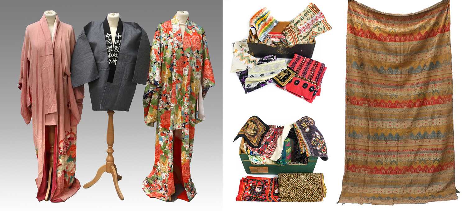 A Collection of Textile Samples and Costume, comprising two Japanese floral printed silk kimonos,