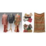 A Collection of Textile Samples and Costume, comprising two Japanese floral printed silk kimonos,