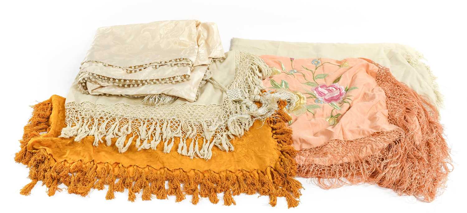 Early 20th Century Silk and Other Scarves and Shawls, comprising a yellow silk embroidered small