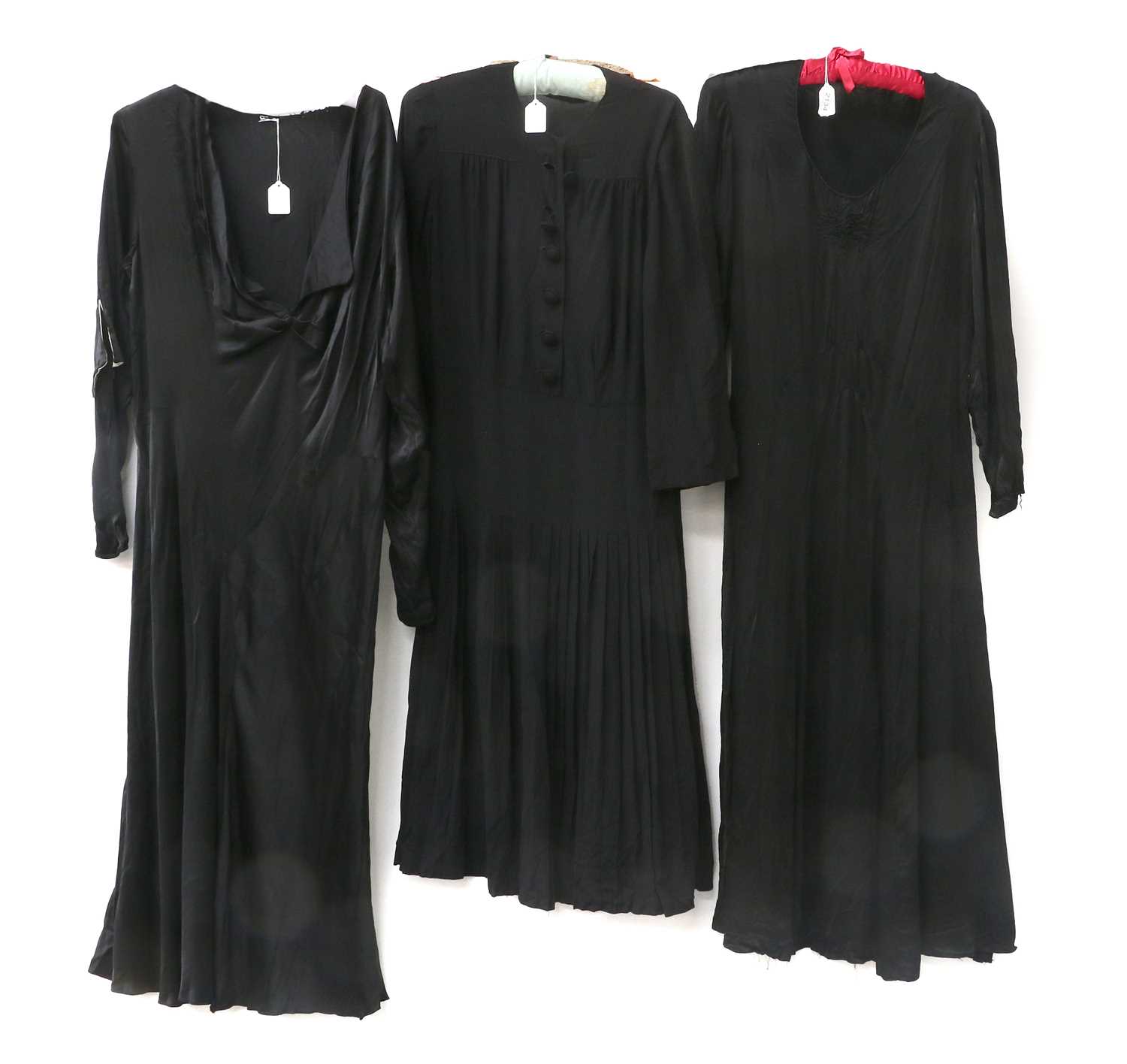 Circa 1930s Black Crepe and Silk Dresses and Coats, comprising two full length black silk long - Image 2 of 27