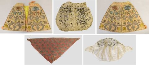 Early 17th Century Forehead Cloth of triangular shape in red silk embroidered with metallic