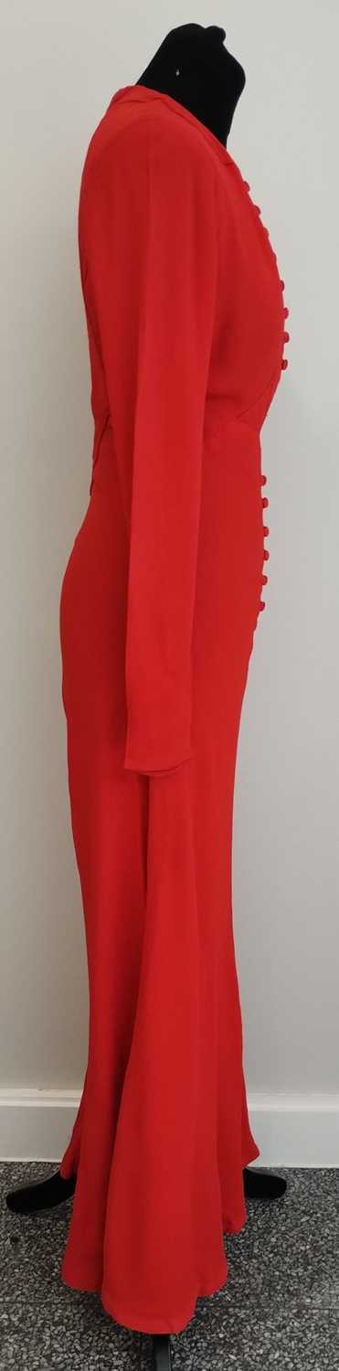 Ossie Clark Red Moss Crepe Long Dress with long sleeves, covered buttons with loop fastenings to the - Image 4 of 20
