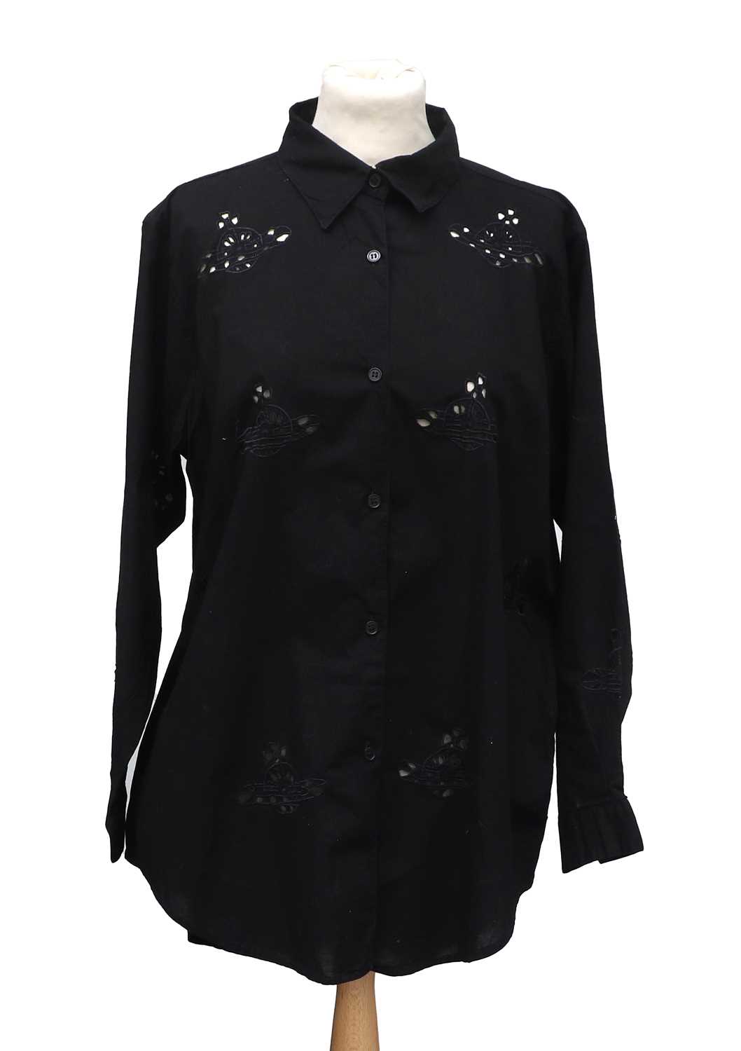 Circa 1990s Vivienne Westwood Black Cotton Long Sleeve Shirt, with cut work and embroidered orbs