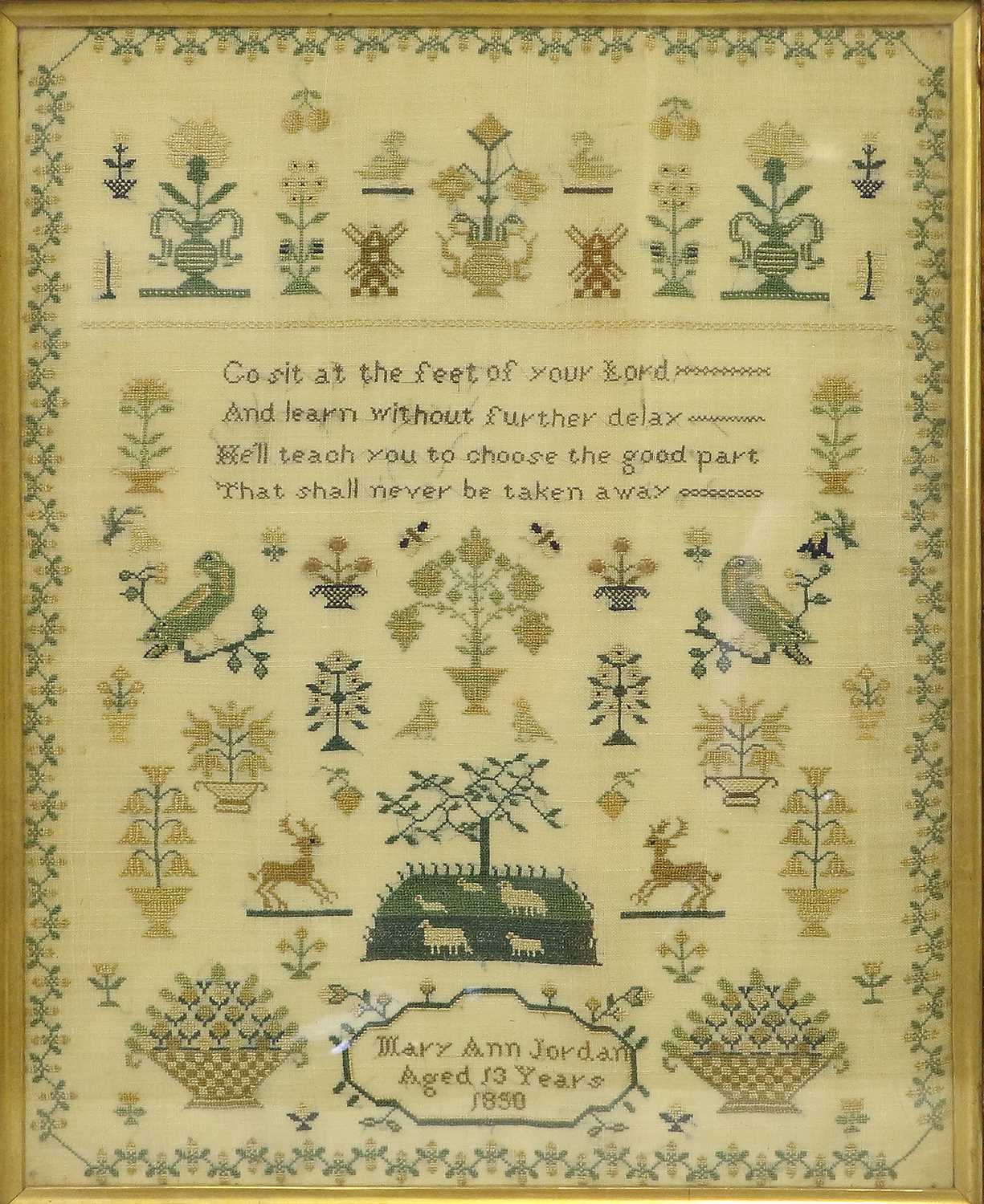 A Sampler by Mary Ann Jordan aged 13 Years, 1850 with a central religious verse worked with - Image 2 of 8