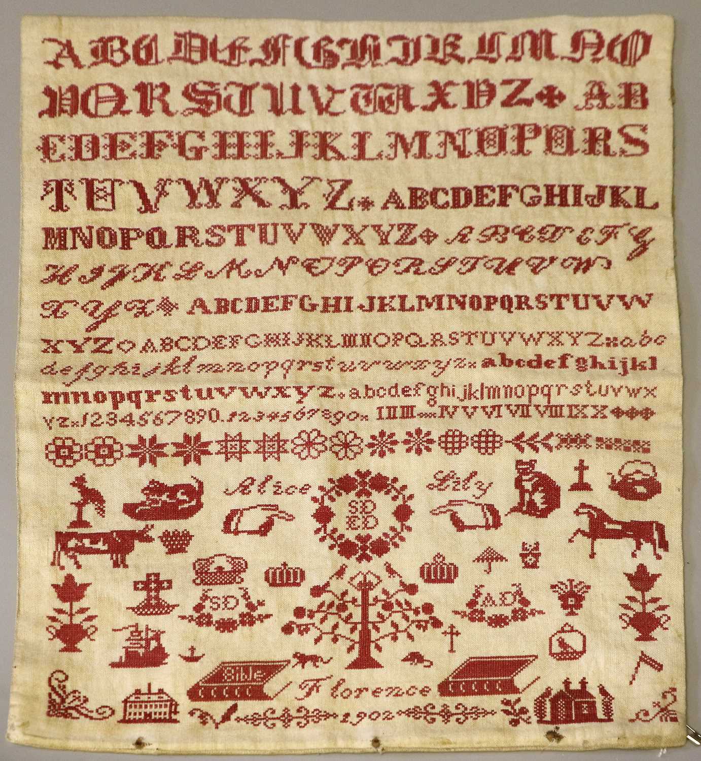 Early 20th Century Ashley Down Orphanage Bristol Unframed Sampler Dated 1902, incorporating the