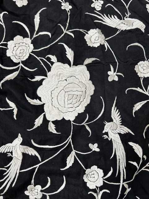 Early 20th Century Chinese Black Silk Shawl with cream silk floral embroidery, 115cm square - Image 7 of 14