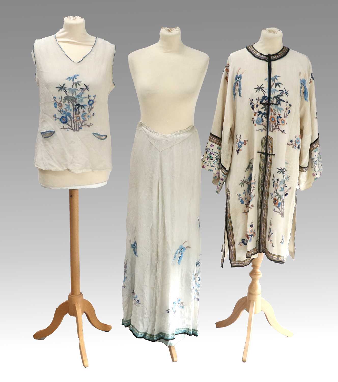 Early 20th Century Chinese Costume comprising a two piece pyjama set/lounge wear including a cream