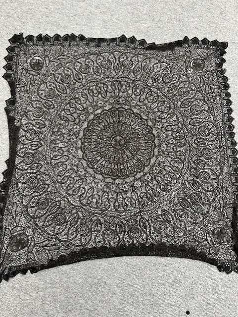 Early 20th Century Chinese Black Silk Shawl with cream silk floral embroidery, 115cm square - Image 10 of 14