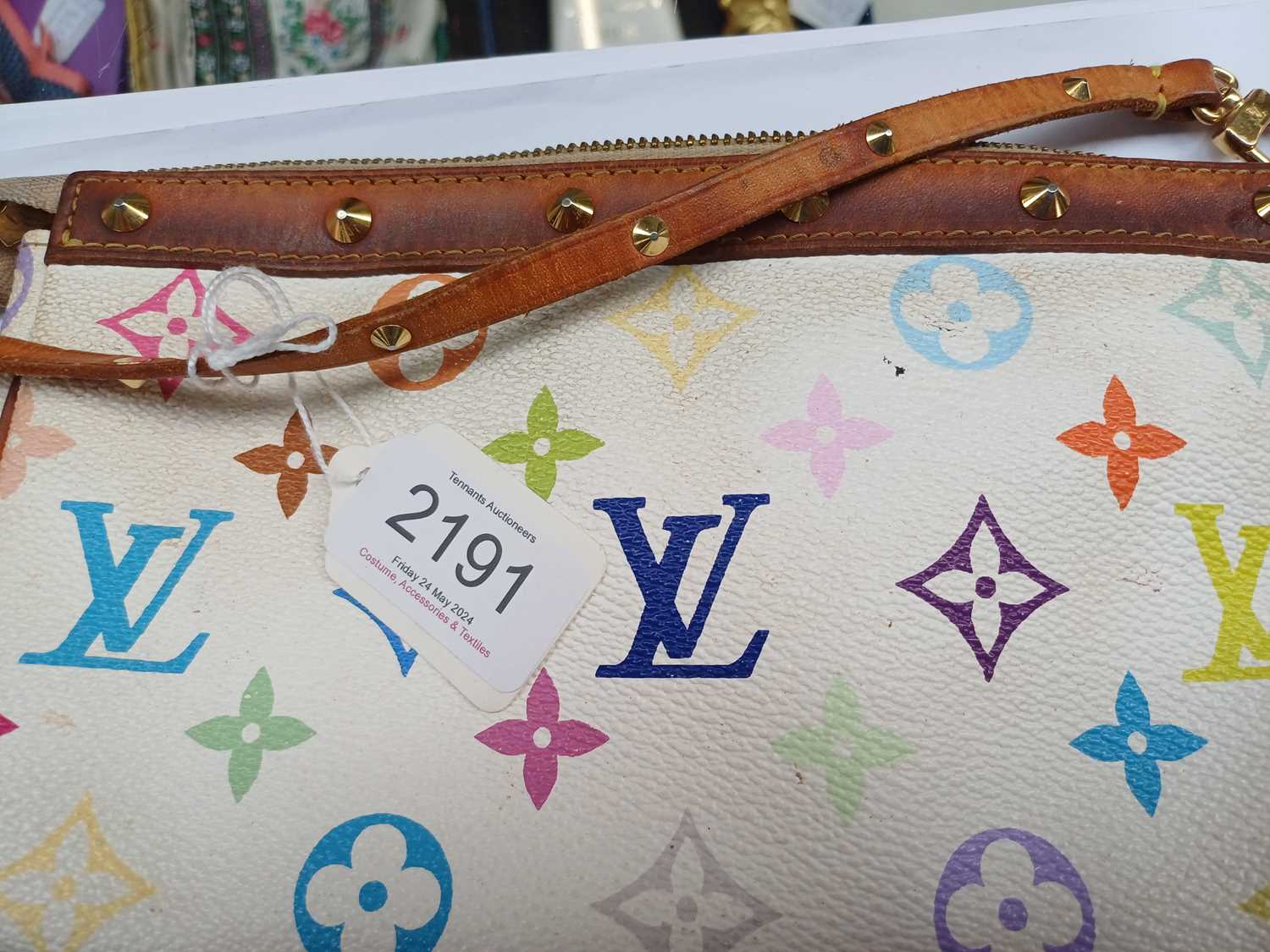 A Louis Vuitton Multi-Coloured Pochette Bag, with light tan trim and gilt metal stud decoration, and - Image 5 of 8