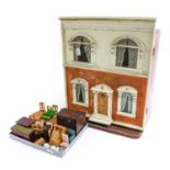 Early 20th Century Wooden Dolls House with brick papered decoration and cream paint to the facade,