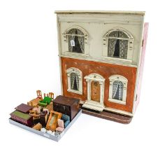Early 20th Century Wooden Dolls House with brick papered decoration and cream paint to the facade,