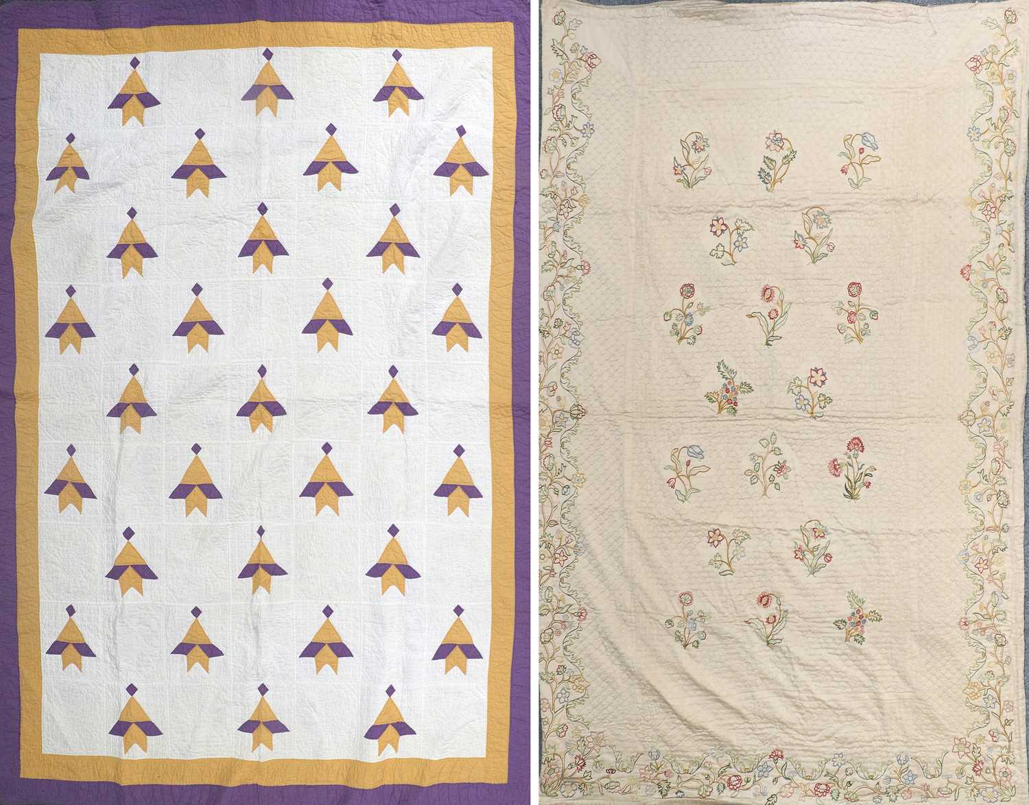 Early 20th Century Quilt, worked in purple and yellow patched shapes in alternating squares on a