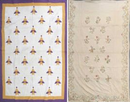 Early 20th Century Quilt, worked in purple and yellow patched shapes in alternating squares on a