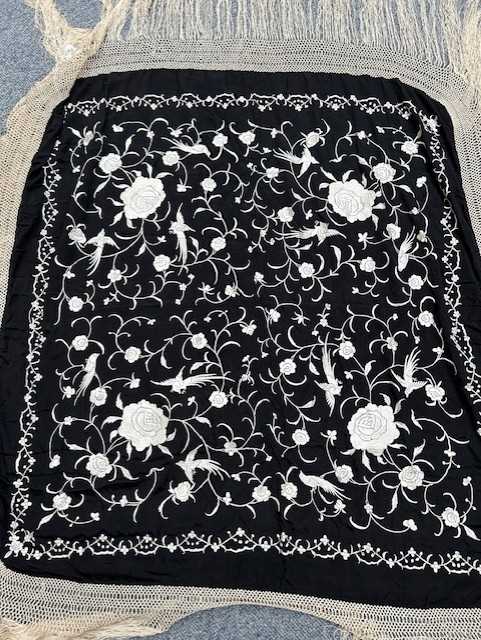 Early 20th Century Chinese Black Silk Shawl with cream silk floral embroidery, 115cm square - Image 11 of 14