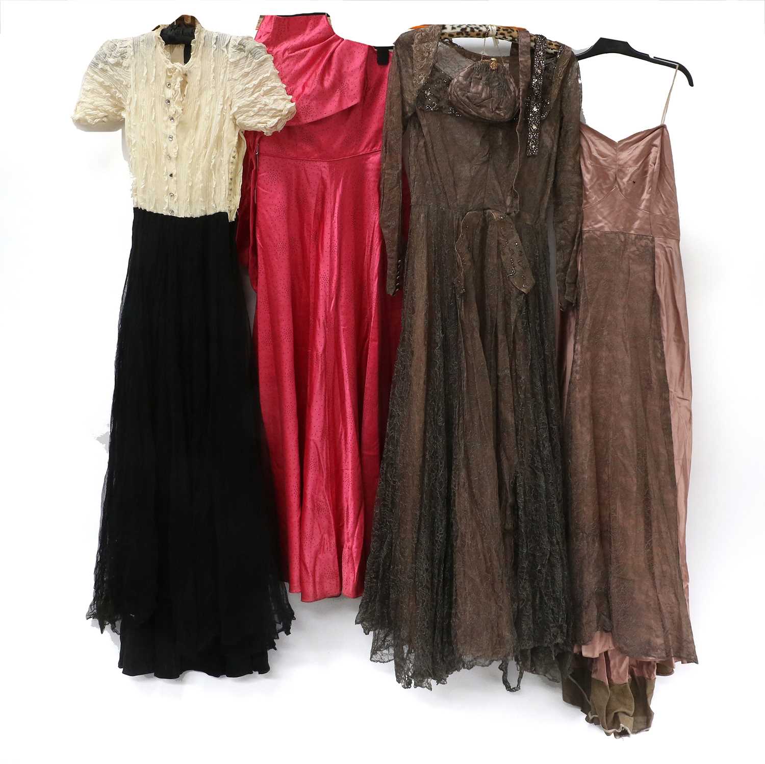 Circa 1940s and Later Evening Dresses, comprising a pink satin strapless evening dress with spot