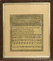 A Needlework Alphabet Sampler by Sarah Ann Bramble Hempstead, Sep 24th, 1834, worked in black