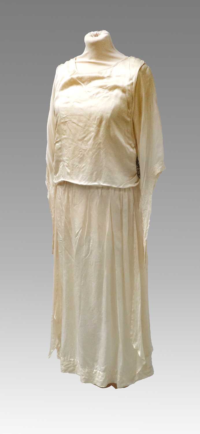 Circa 1920s Cream Silk Wedding Dress, tabard style with drop waist, short sleeves and embroidered - Image 2 of 5