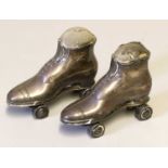 Two Early 20th Century Silver Roller Skate Pin Cushions, Crisford & Norris, Birmingham, 1909, 7cm by