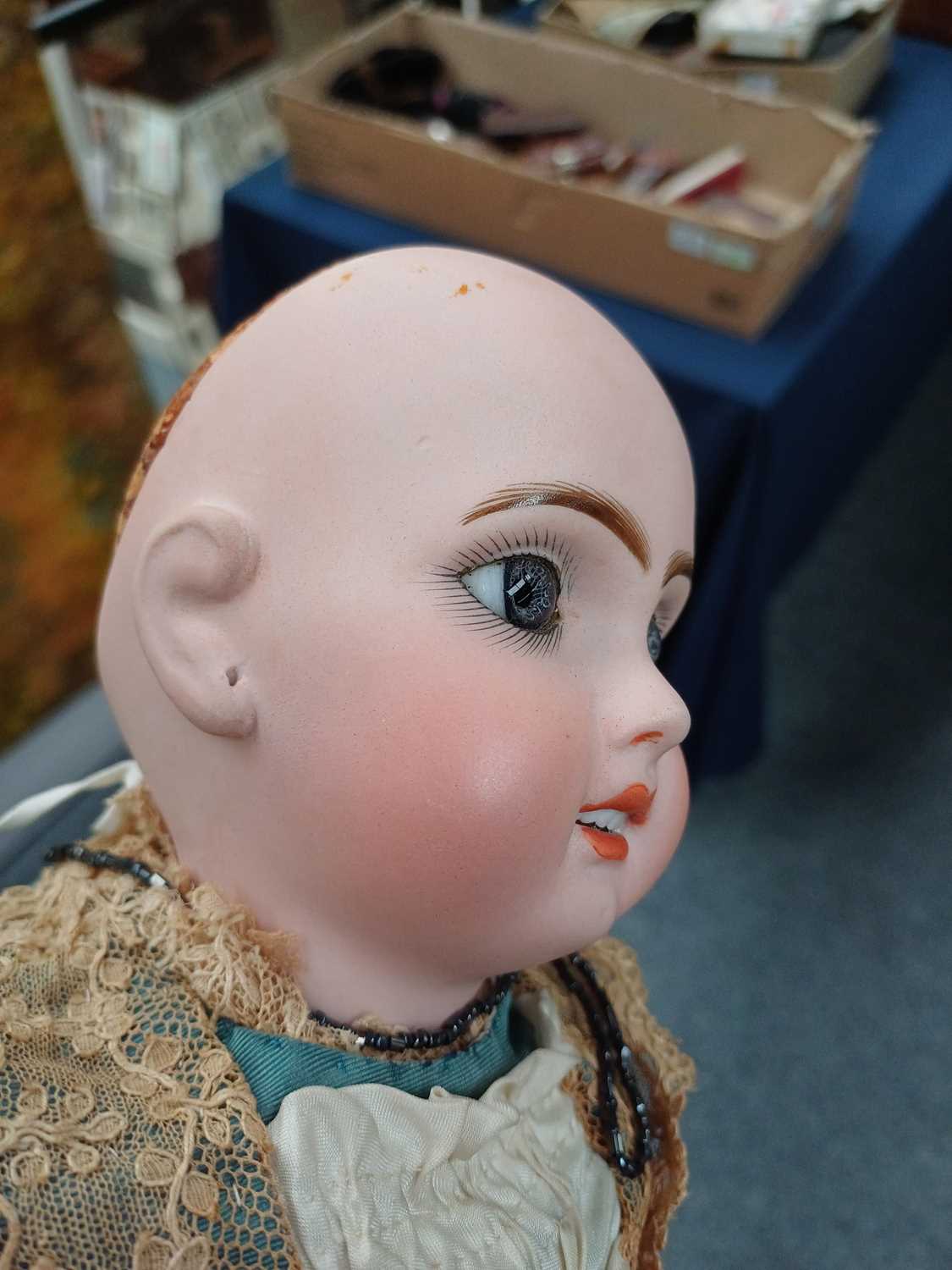 Small Bisque Socket Head Doll with fixed blue eyes, open mouth, teeth, pierced ears, auburn wig, - Image 3 of 8