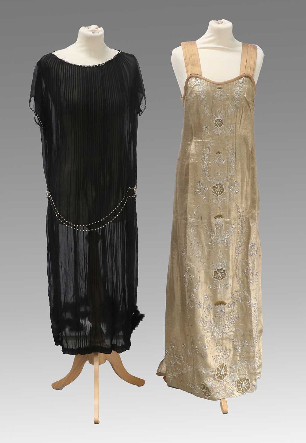 Circa 1920s Black Chiffon Dress with short sleeves, drop waist, paste stone detail to the waist,