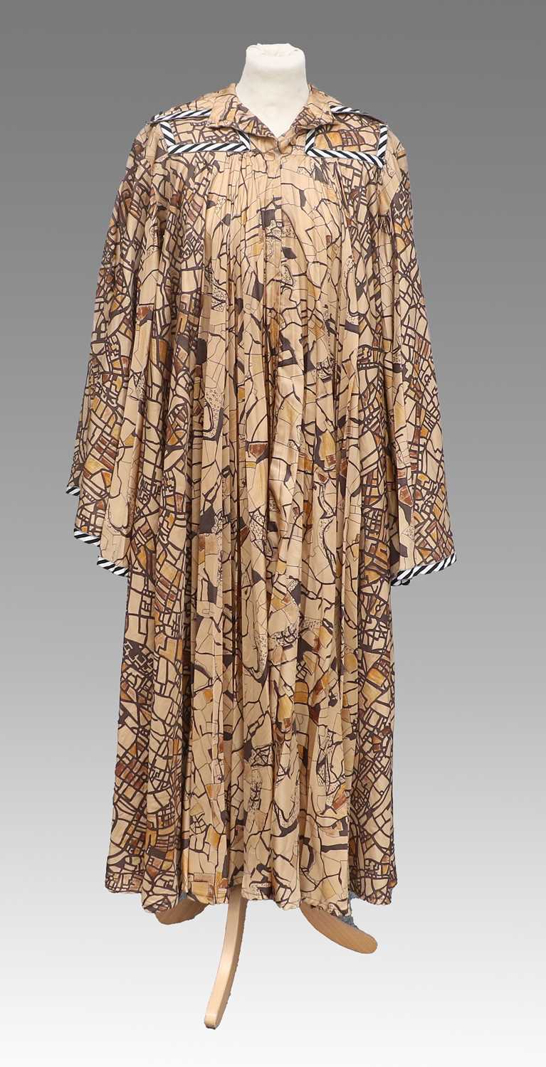 Circa 1970/80 Jean Varon A-Line Map Kaftan Style Dress, in caramel, black and brown, multi pleated