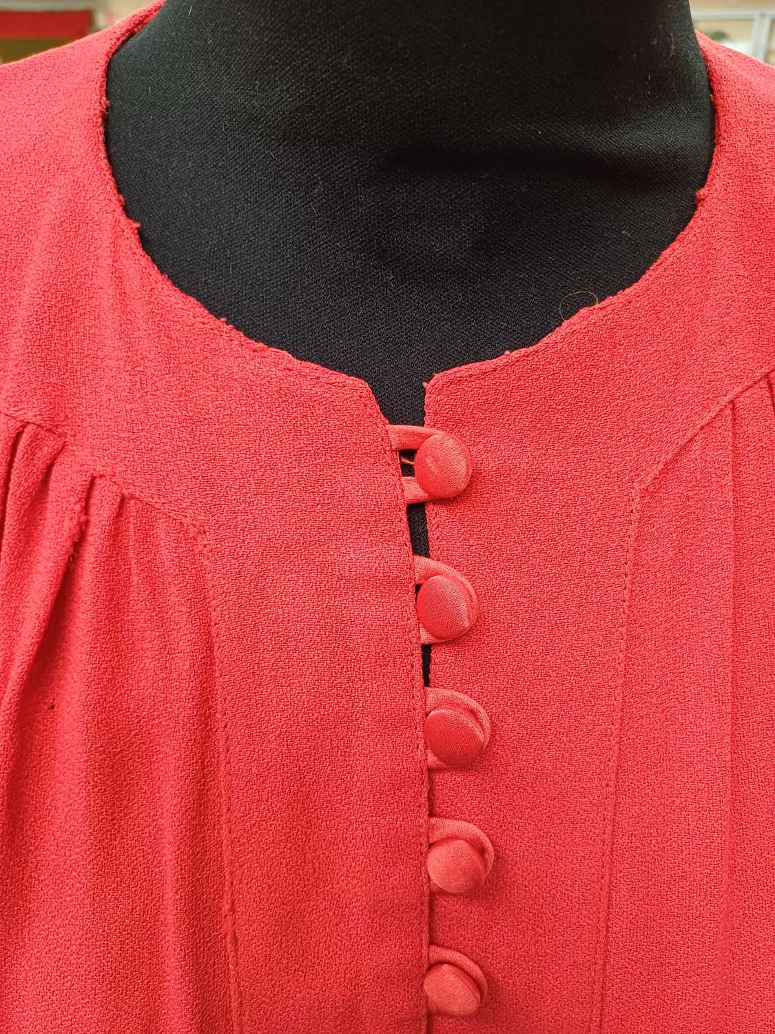 Ossie Clark Red Moss Crepe Long Dress with long sleeves, covered buttons with loop fastenings to the - Image 9 of 20