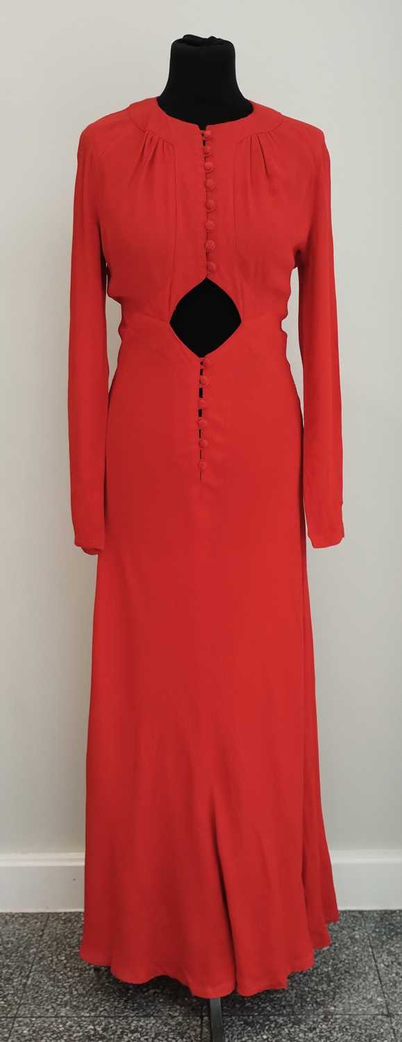 Ossie Clark Red Moss Crepe Long Dress with long sleeves, covered buttons with loop fastenings to the