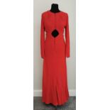 Ossie Clark Red Moss Crepe Long Dress with long sleeves, covered buttons with loop fastenings to the