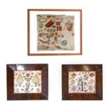Two Small 19th Century Woolwork Samplers depicting children, floral motifs, trees etc, both in
